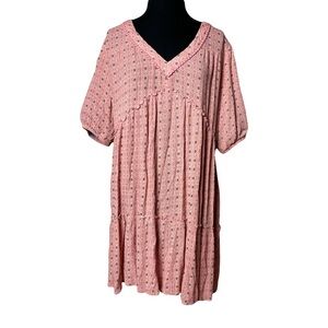 Knox Rose | Pink Floral V-Neck Babydoll Tiered Short Sleeve A-Line Dress, Large